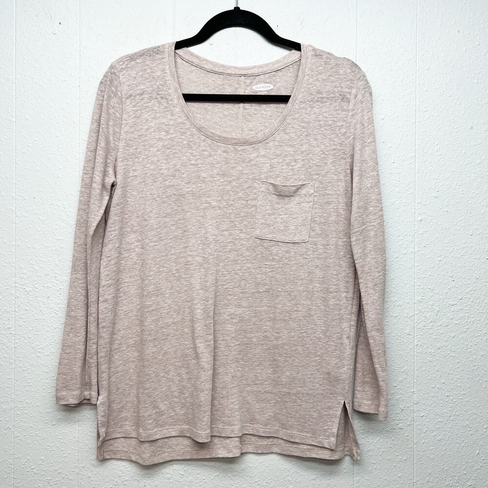 Old Navy Boyfriend Long Sleeve Scoop Neck Top Womens XS Linen Blend Minimalist